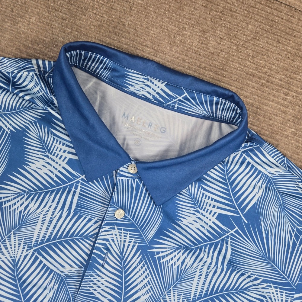 MAELREG Mens 2XL Blue Tropical Palm Leaf Print Performance Golf Polo Shirt